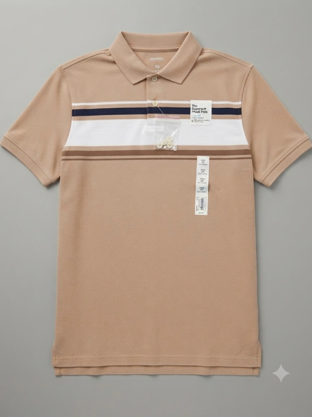 Sonoma Goods for Life Supersoft‎ Piqué Polo Shirt XS NWT Tan Navy Stripe